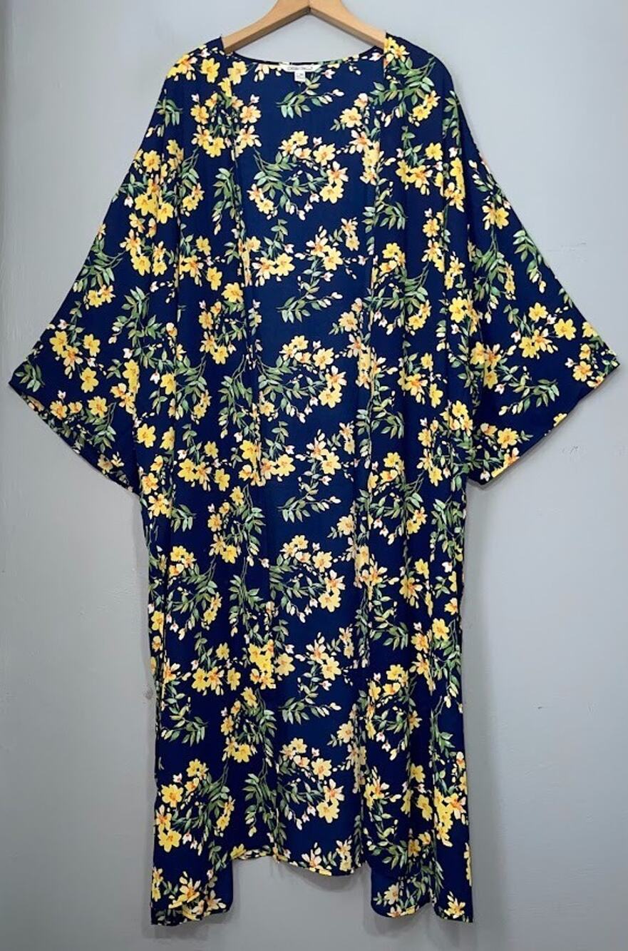 Bloomcore Duster Kimono Size 2XL 3XL Navy Yellow Garden Floral Long Cottagecore